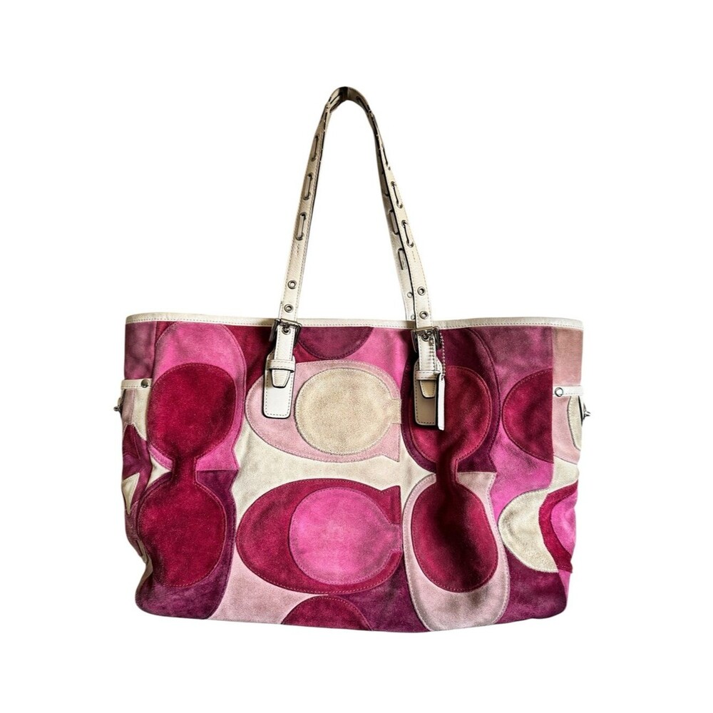 Vintage Y2K Coach Pink & Cream Patchwork Signature Suede Tote Bag